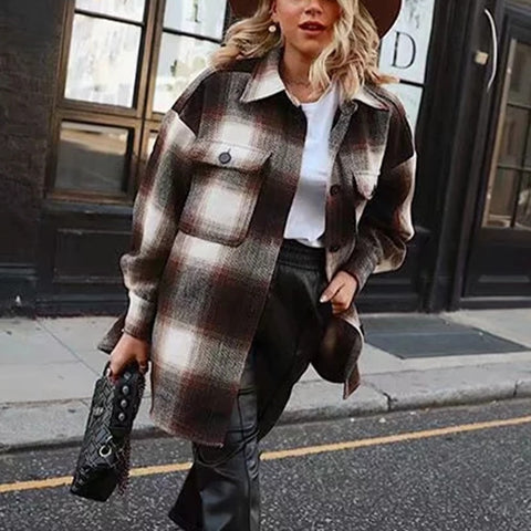 Vintage women 2020 long sleeve woolen coats fashion ladies thick plaid coat female streetwear elegant girls oversize jacket chic