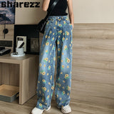 sharezz Wide Leg Jeans For Women Blue Loose High Waist  Baggy Pants Casual New Jeans Large Size Straight Print Wide Leg pants