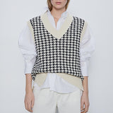 women 2020 fashion oversized knitted vest sweater V neck sleeveless houndstooth loose female waistcoat chic tops