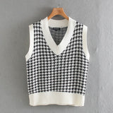 women 2020 fashion oversized knitted vest sweater V neck sleeveless houndstooth loose female waistcoat chic tops