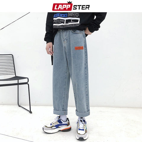 LAPPSTER Mens Korean Fashoins Harem Blue Jeans Pants 2020 Vintage Straight Pants Harajuku Jeans Baggy Belt High Quality Denim