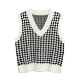 KPYTOMOA Women 2020 Fashion Houndstooth Loose Knitted Vest Sweater V Neck Sleeveless Side Vents Female Waistcoat Chic Tops