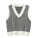 KPYTOMOA Women 2020 Fashion Oversized Houndstooth Knitted Vest Sweater Vintage Sleeveless Side Vents Female Waistcoat Chic Tops