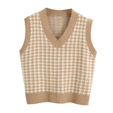 KPYTOMOA Women 2020 Fashion Oversized Houndstooth Knitted Vest Sweater Vintage Sleeveless Side Vents Female Waistcoat Chic Tops