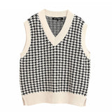 KPYTOMOA Women 2020 Fashion Oversized Houndstooth Knitted Vest Sweater Vintage Sleeveless Side Vents Female Waistcoat Chic Tops