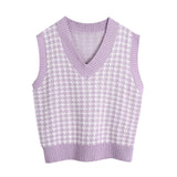 KPYTOMOA Women 2020 Fashion Oversized Houndstooth Knitted Vest Sweater Vintage Sleeveless Side Vents Female Waistcoat Chic Tops