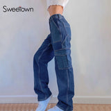 Sweetown England Preppy Style Straight Jeans Women Pockets Casual Baggy Cargo Pants Girls' 90s High Waist Streetwear Denim Pants