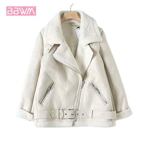 Fur Long Sleeved Loose Belt Warm Women's Jacket Lamb Wool Winter Thickened Locomotive Lapel Female Coat Beige Black Chic PU Tops