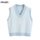 women 2020 fashion oversized knitted vest sweater V neck sleeveless houndstooth loose female waistcoat chic tops
