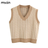women 2020 fashion oversized knitted vest sweater V neck sleeveless houndstooth loose female waistcoat chic tops