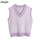 women 2020 fashion oversized knitted vest sweater V neck sleeveless houndstooth loose female waistcoat chic tops