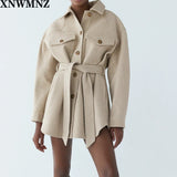 XNWMNZ Za Women 2020 Fashion With Belt Loose Woolen Jacket Coat Vintage Long Sleeve Side Pockets Female Outerwear Chic Overcoat