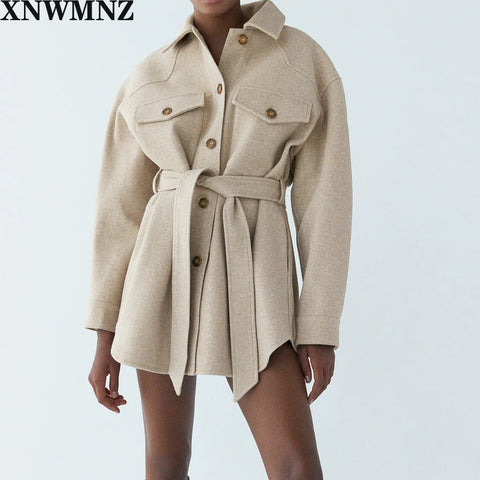 XNWMNZ Za Women 2020 Fashion With Belt Loose Woolen Jacket Coat Vintage Long Sleeve Side Pockets Female Outerwear Chic Overcoat