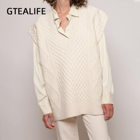 Gtealife Women Vest Simple All-match Style V-neck Knitted Sweater Leisure Student Sleeveless Female Vintage sweater waistcoat