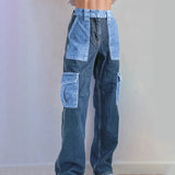 Sweetown England Preppy Style Straight Jeans Women Pockets Casual Baggy Cargo Pants Girls' 90s High Waist Streetwear Denim Pants