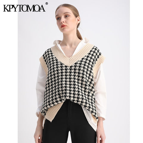 KPYTOMOA Women 2020 Fashion Oversized Houndstooth Knitted Vest Sweater Vintage Sleeveless Side Vents Female Waistcoat Chic Tops
