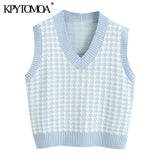 KPYTOMOA Women 2020 Fashion Houndstooth Loose Knitted Vest Sweater V Neck Sleeveless Side Vents Female Waistcoat Chic Tops