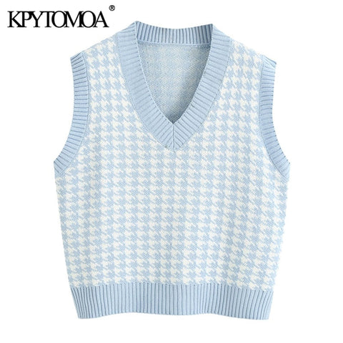 KPYTOMOA Women 2020 Fashion Houndstooth Loose Knitted Vest Sweater V Neck Sleeveless Side Vents Female Waistcoat Chic Tops