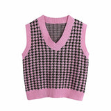 KPYTOMOA Women 2020 Fashion Oversized Houndstooth Knitted Vest Sweater Vintage Sleeveless Side Vents Female Waistcoat Chic Tops
