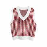 KPYTOMOA Women 2020 Fashion Oversized Houndstooth Knitted Vest Sweater Vintage Sleeveless Side Vents Female Waistcoat Chic Tops