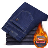2020 Winter New Men's Warm Slim Fit Jeans Business Fashion Thicken Denim Trousers Fleece Stretch Brand Pants Black Blue