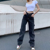2021 New Smoke Grey  Bf Retro Casual High Waist Wide Legs Ins Straight Barrel Baggy Jeans Woman