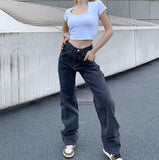 2021 New Smoke Grey  Bf Retro Casual High Waist Wide Legs Ins Straight Barrel Baggy Jeans Woman