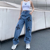 Women High Waist Jeans Baggy Pants Casual Butterfly Printed Wide Leg Trousers Denim Streetwear Ladies E-girl Pantalones Mujer