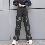 Women High Waist Jeans Baggy Pants Casual Butterfly Printed Wide Leg Trousers Denim Streetwear Ladies E-girl Pantalones Mujer