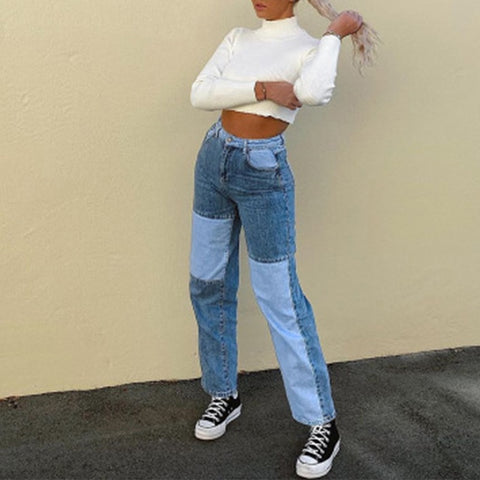 Patchwork jeans Straight Woman pants Baggy Vintage High Waist pants mom pants Denim Distressed Streetwear 2020 Female